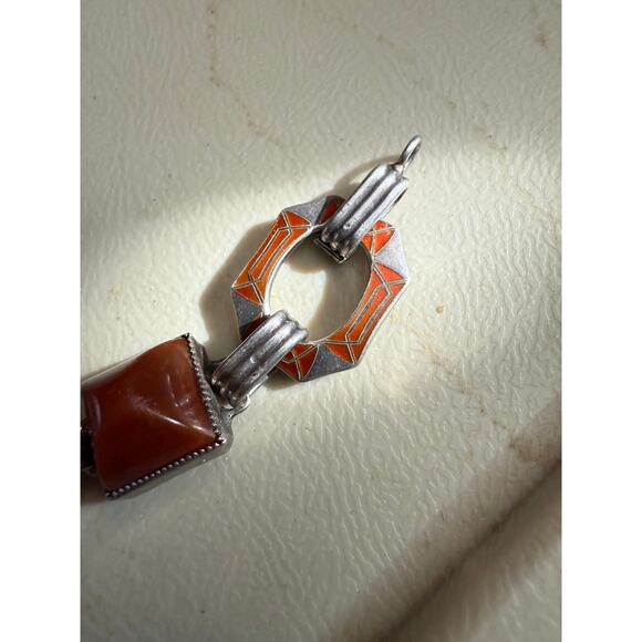 Vintage Art Deco Sterling Red Enamel Bracelet Carnelian Sard Pyramid Cabochon - Picture 6 of 11